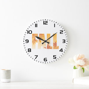 Autumn Fall Typography Design with Leaves  Large Clock