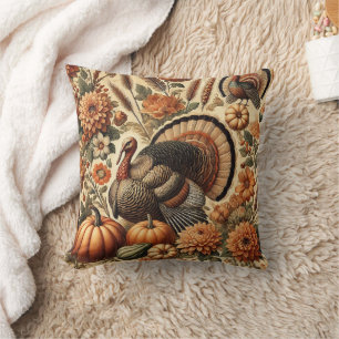 Autumn Fall Vintage Floral Pumpkin Turkey  Cushion