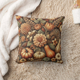 Autumn Fall Vintage Floral Thanksgiving Pumpkin  Cushion