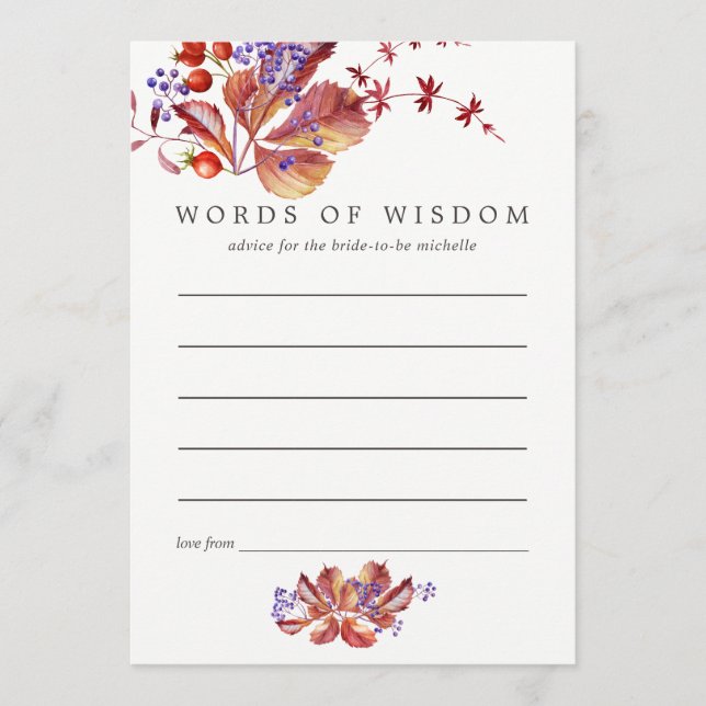 Autumn - Fall Watercolor Bridal Shower Advice Card (Front)