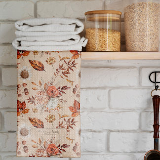 Autumn fall watercolor flowers name personalised tea towel