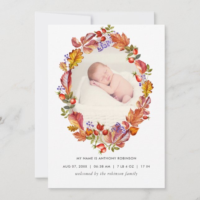 Autumn - Fall Watercolor Leaves Birth Announcement (Front)
