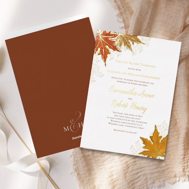 Autumn Fall Watercolor Leaves Wedding Custom (Fall Autumn leaves real gold foil wedding invitation template.)