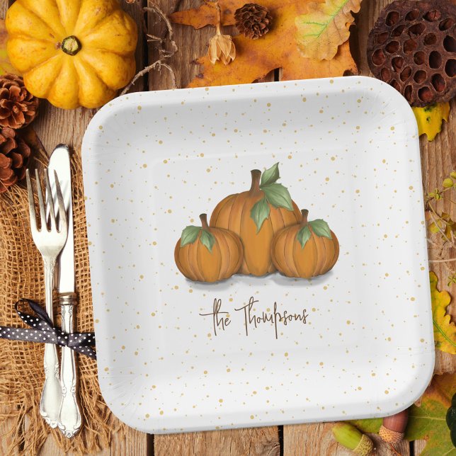 Autumn Fall Watercolor Pumpkin Elegant Harvest  Paper Plate (Cute Autumn fall pumpkins custom paper plates. )