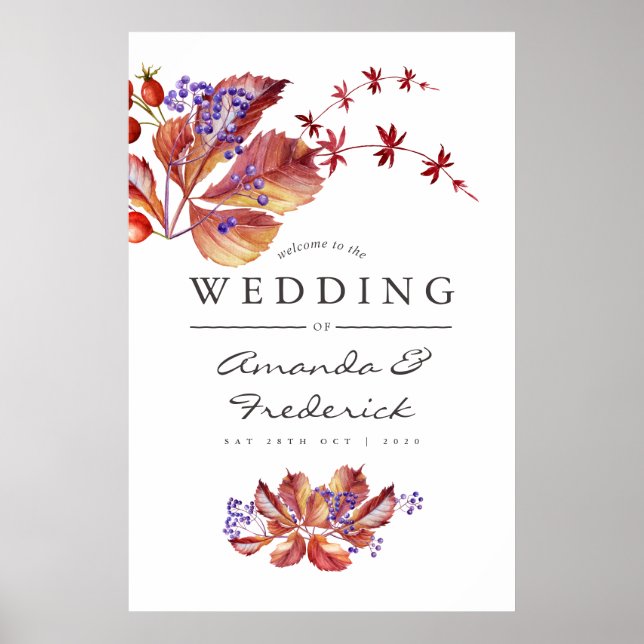 Autumn - Fall Watercolor Wedding Welcome Poster (Front)