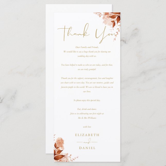 Autumn Fall Wedding Gold Thank You Place Card (Front/Back)