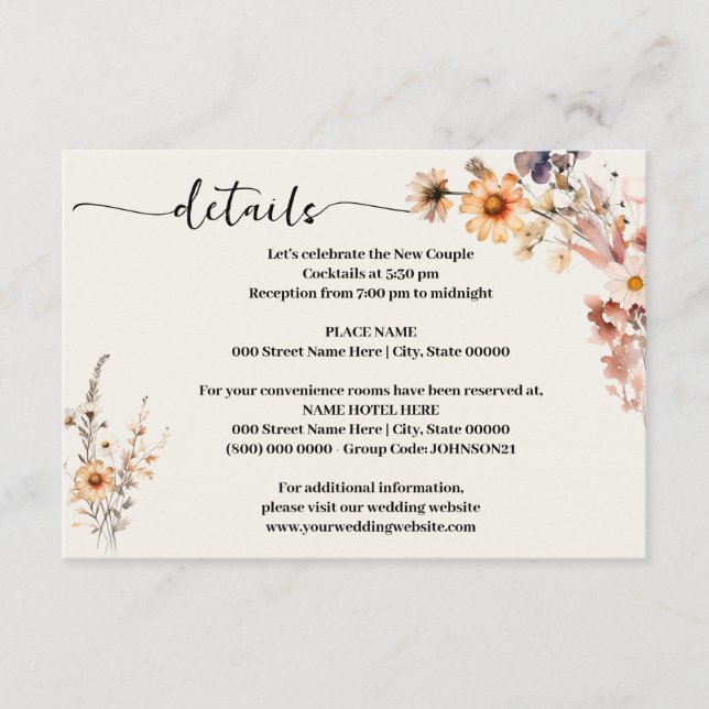 Autumn Fall Wildflowers Wedding Details Enclosure Card (Front)