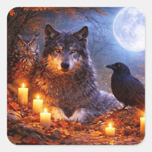 Autumn Fall Wolf Raven and Owl Enchanting Square Sticker