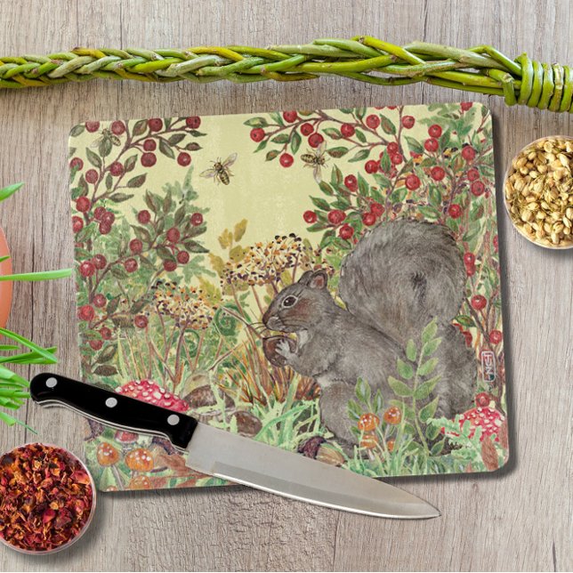 Autumn Fall Woodland Squirrel Leaves Rustic Yellow Cutting Board (Creator Uploaded)