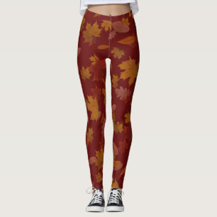 Autumn Falling Leaves on Custom Wine Red Leggings