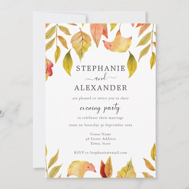 Autumn Falling Leaves Wedding Evening Party Invitation (Front)