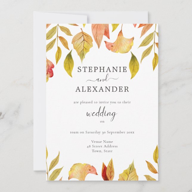 Autumn Falling Leaves Wedding QR Code Invitation (Front)