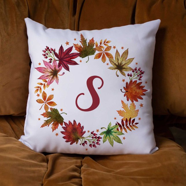 Autumn Falling Leaves Wreath With Monogram Cushion (Autumn Falling Leaves Wreath With Monogram Throw Pillow)