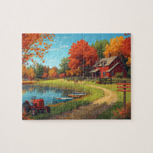Autumn Farm Pond Red House Tractor Scene Jigsaw Puzzle