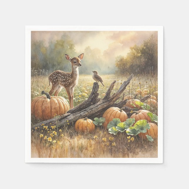 Autumn Fawn In a Pumpkin Patch Napkin (Front)