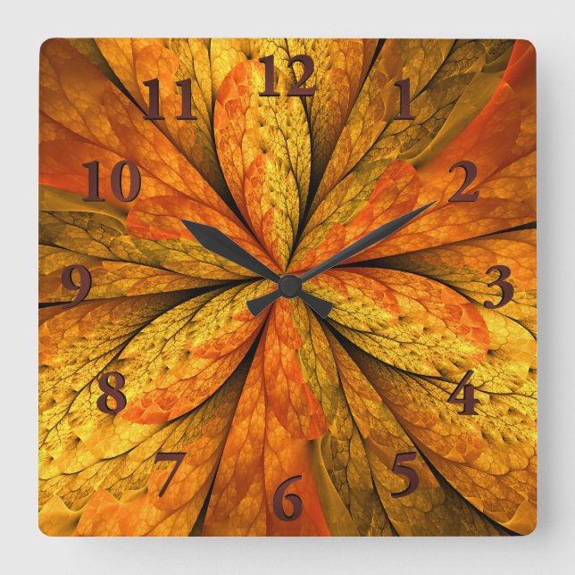 Autumn Feeling, Modern Abstract Fractal Flower Square Wall Clock (Front)