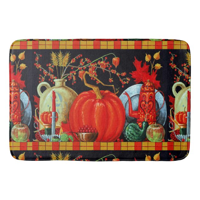 Autumn Festive Antique Painting Pumpkin Decoration Bath Mat (Front)