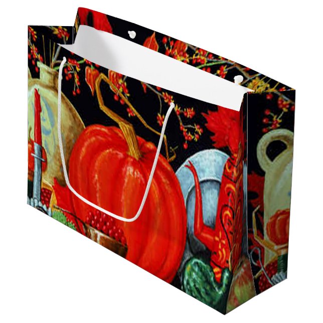 Autumn Festive Antique Painting Pumpkin Decoration Large Gift Bag (Front Angled)