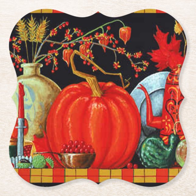 Autumn Festive Antique Painting Pumpkin Decoration Paper Coaster (Front)