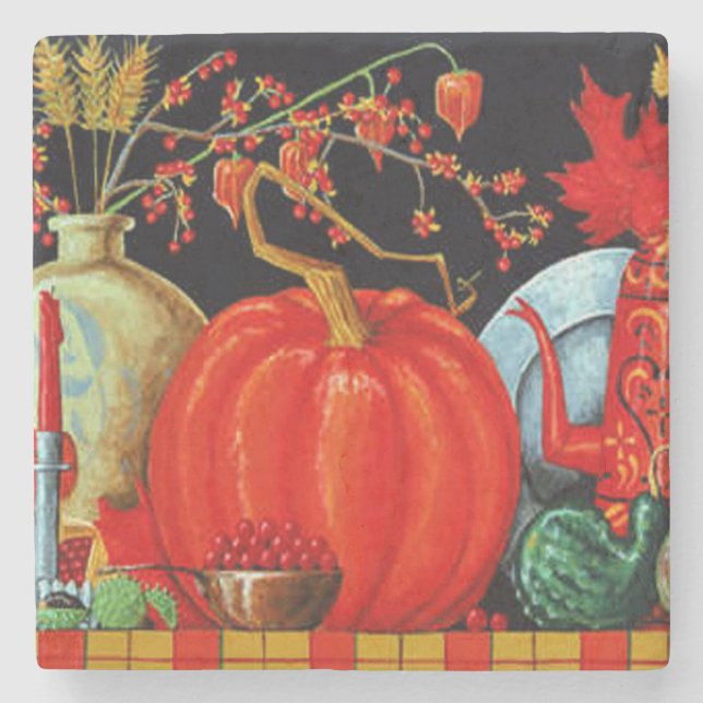Autumn Festive Antique Painting Pumpkin Decoration Stone Coaster (Front)