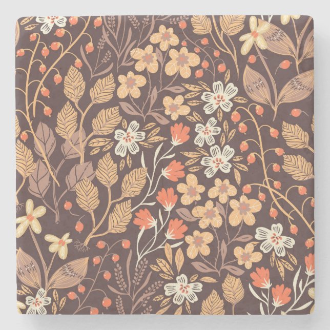 Autumn Flora: Vintage Seamless Pattern Stone Coaster (Front)