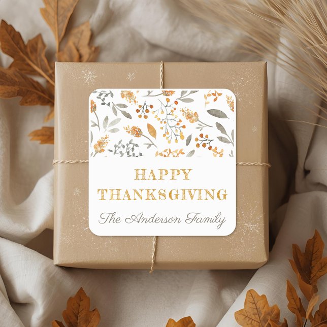Autumn Floral and Berries Happy Thanksgiving Square Sticker (Creator Uploaded)