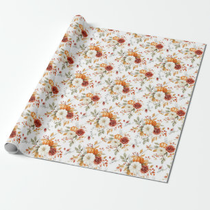 Autumn Floral Arrangement with Pumpkins and Roses Wrapping Paper