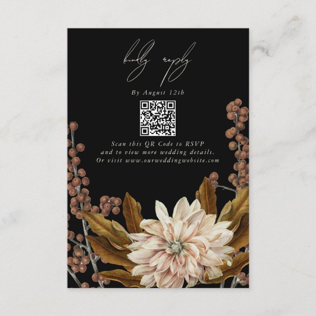Autumn Floral Black Fall Wedding QR Code Enclosure Card (Front)