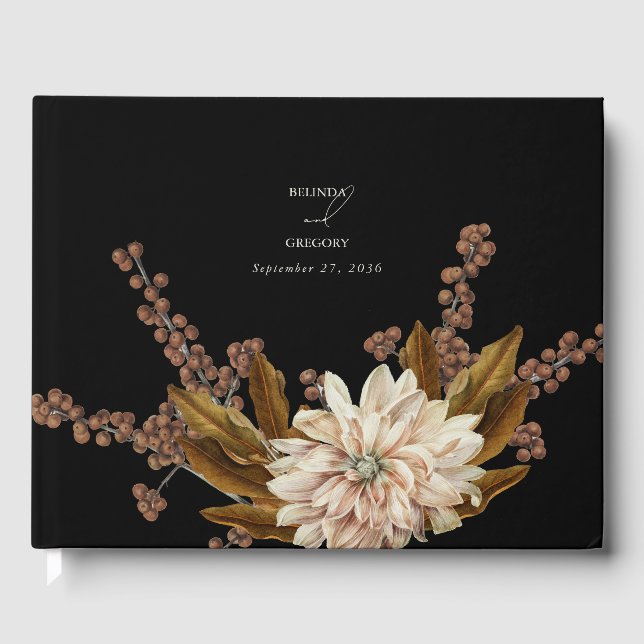 Autumn Floral Black Watercolor Fall Wedding Guest Book (Front)