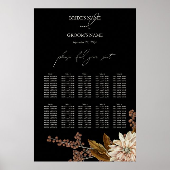 Autumn Floral Black Watercolor Seating Chart (Front)