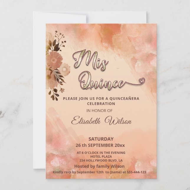 Autumn floral blushed orange watercolor quince invitation (Front)