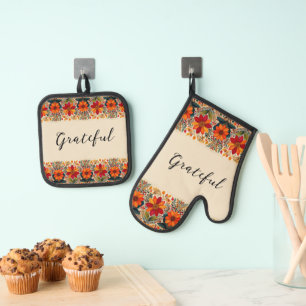 Autumn floral border print custom oven mitt & pot holder set