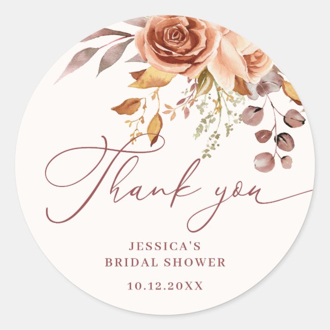 Autumn Floral Bridal Shower Thank You Classic Round Sticker (Front)