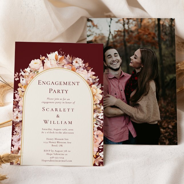Autumn Floral Burgundy Arch Photo Engagement Party Invitation (Creator Uploaded)