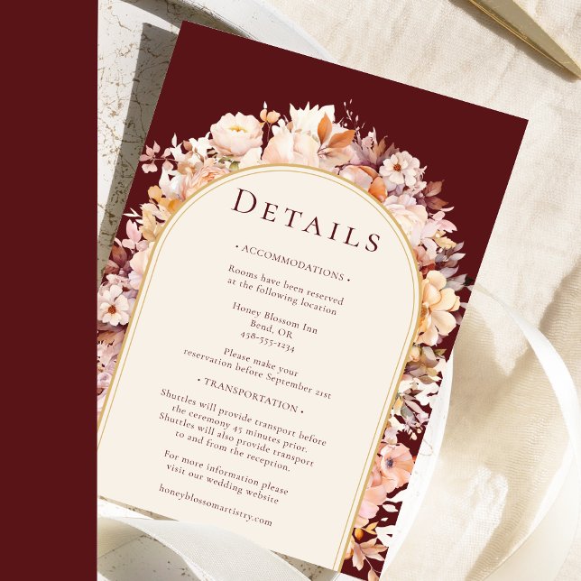 Autumn Floral Burgundy Cream Arch Wedding Details Enclosure Card (Creator Uploaded)