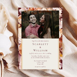 Autumn Floral Burgundy Cream Classic Photo Wedding Invitation