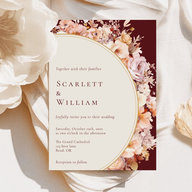 Autumn Floral Burgundy Cream Modern Wedding Invitation (Creator Uploaded)