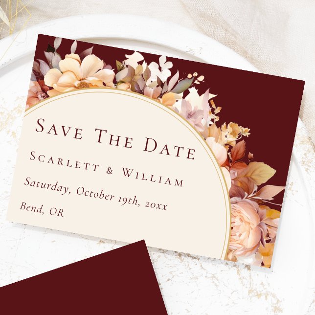 Autumn Floral Burgundy Cream Modern Wedding Save The Date (Creator Uploaded)