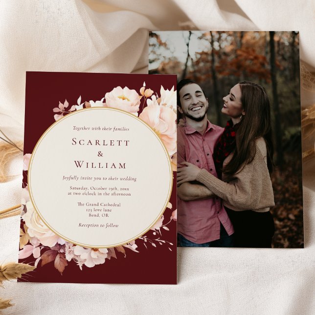 Autumn Floral Burgundy Cream Simple Photo Wedding Invitation (Creator Uploaded)