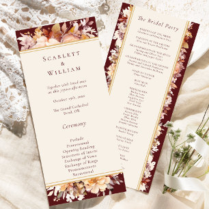 Autumn Floral Burgundy Cream Simple Wedding Programme