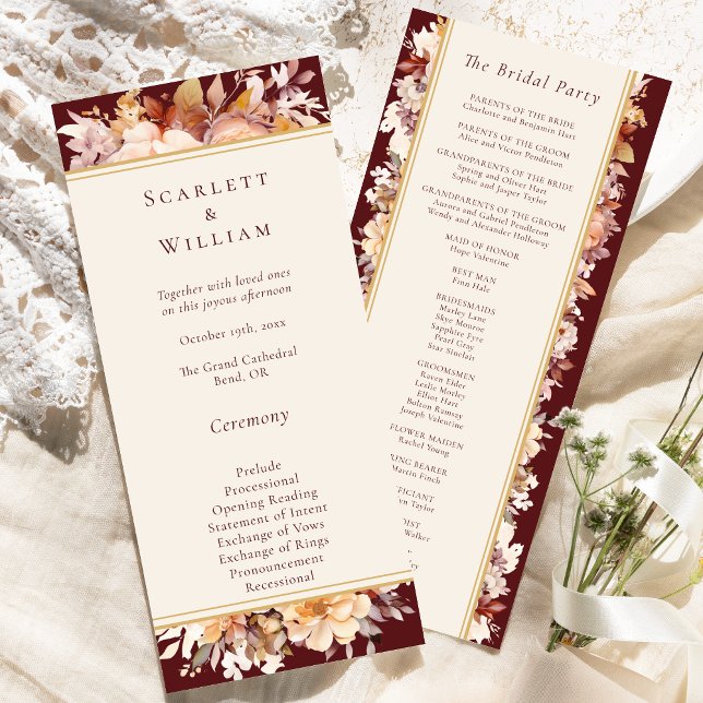 Autumn Floral Burgundy Cream Simple Wedding Programme (Creator Uploaded)