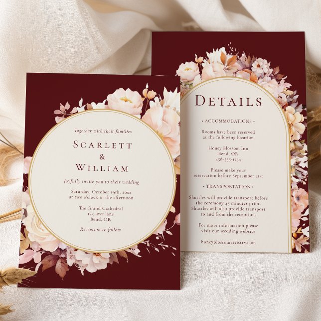 Autumn Floral Burgundy Cream Wedding All In One Invitation (Creator Uploaded)