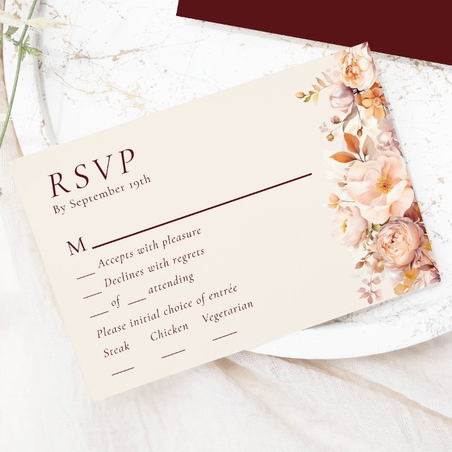 Autumn Floral Burgundy Cream Wedding Menu RSVP (Creator Uploaded)