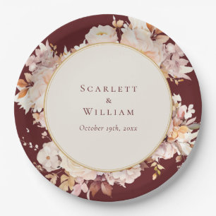 Autumn Floral Burgundy Cream Wedding Paper Plate