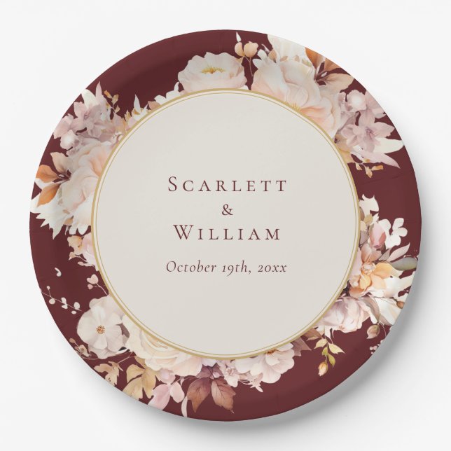 Autumn Floral Burgundy Cream Wedding Paper Plate (Front)
