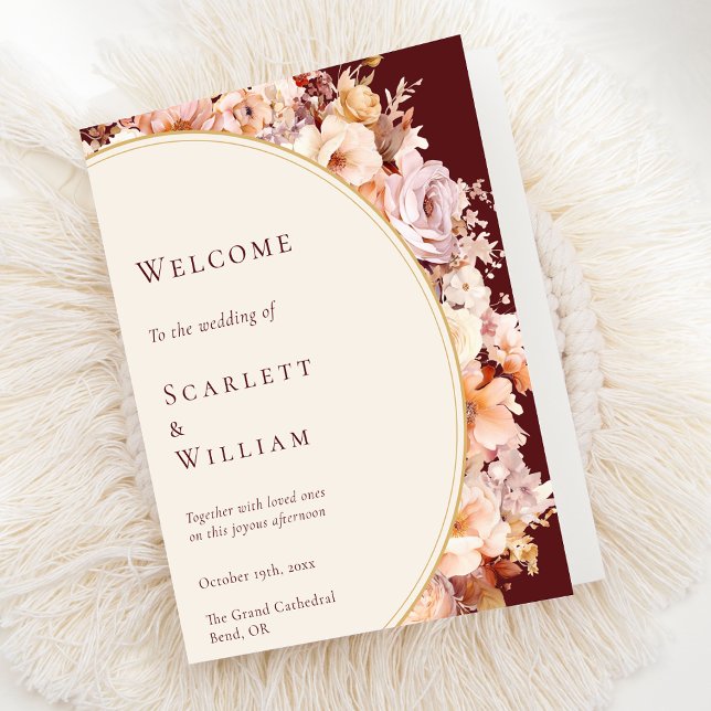 Autumn Floral Burgundy Cream Wedding Programme (Creator Uploaded)