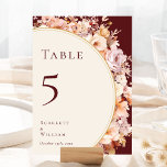 Autumn Floral Burgundy Cream Wedding Table Number<br><div class="desc">This autumn floral burgundy cream wedding table number design is a dreamy ensemble that embodies the essence of vintage charm and modern elegance. Featuring autumn florals and leaves in fall colours, accented with gold geometric borders, our design offers a simple yet captivating aesthetic perfect for your summer or fall celebration....</div>