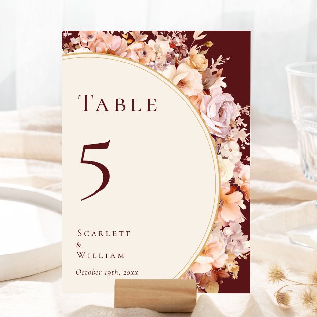 Autumn Floral Burgundy Cream Wedding Table Number (Creator Uploaded)