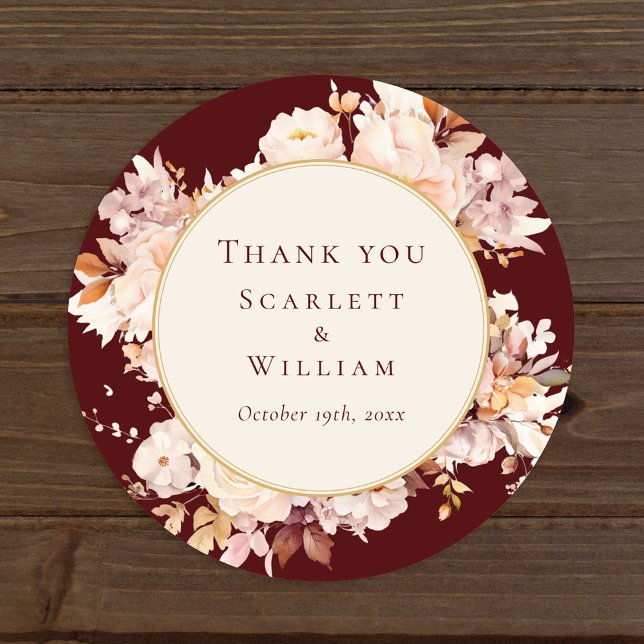 Autumn Floral Burgundy Cream Wedding Thank You Classic Round Sticker (Creator Uploaded)