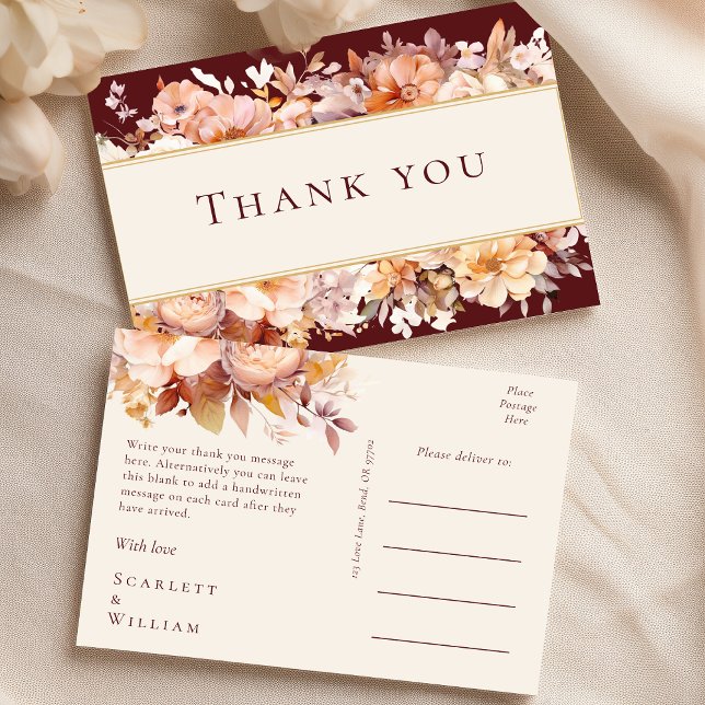 Autumn Floral Burgundy Cream Wedding Thank You Postcard (Creator Uploaded)
